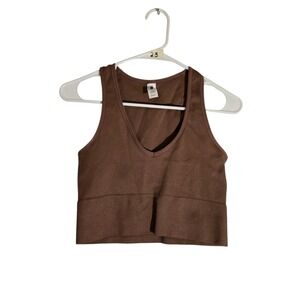 90 Degree By Reflex Brown Ribbed V Neck Cropped Tank Top Womens Size M